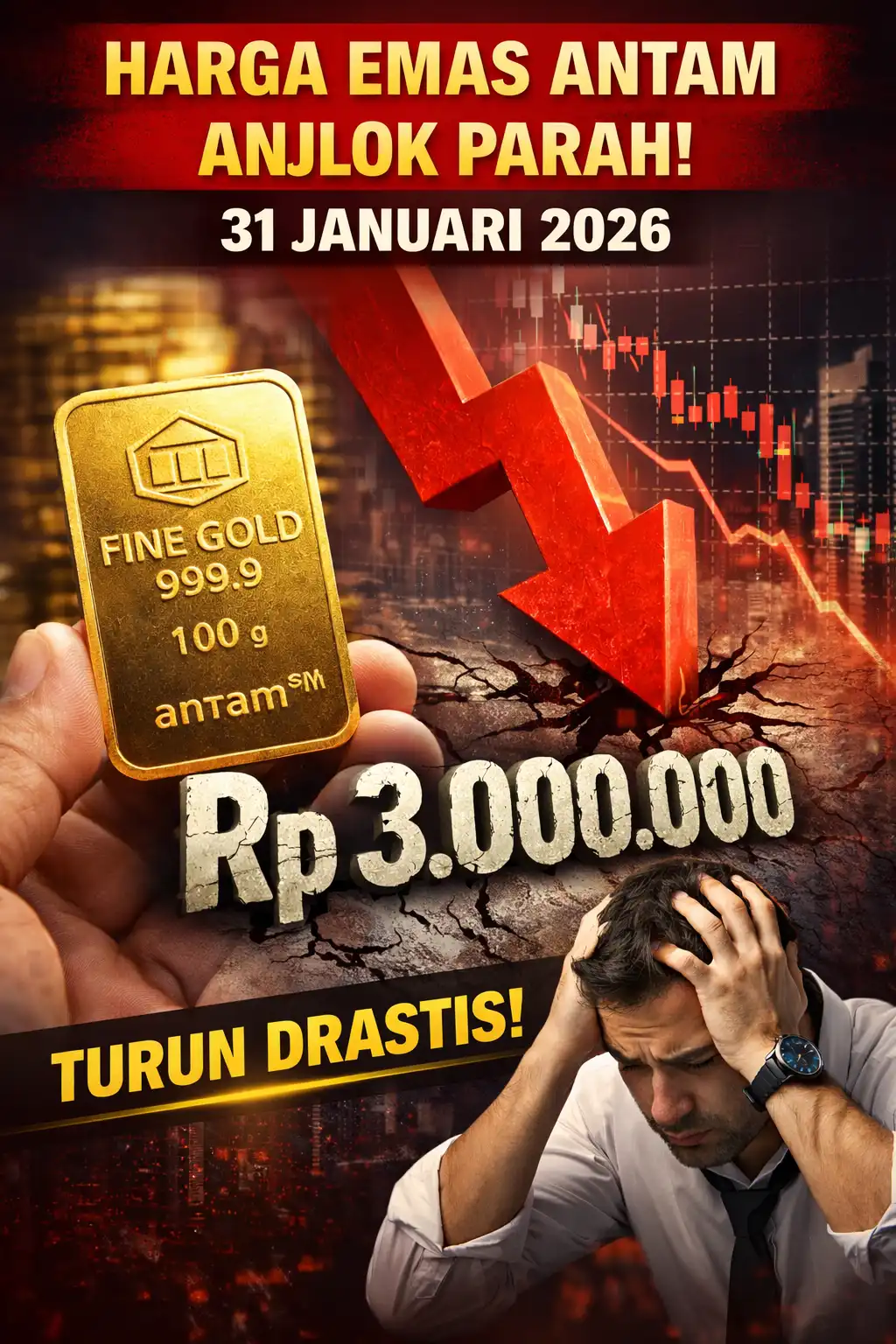 Read more about the article Harga Emas Antam Anjlok Parah Pada 31 Januari 2026, Lengser dari Rp 3 Juta