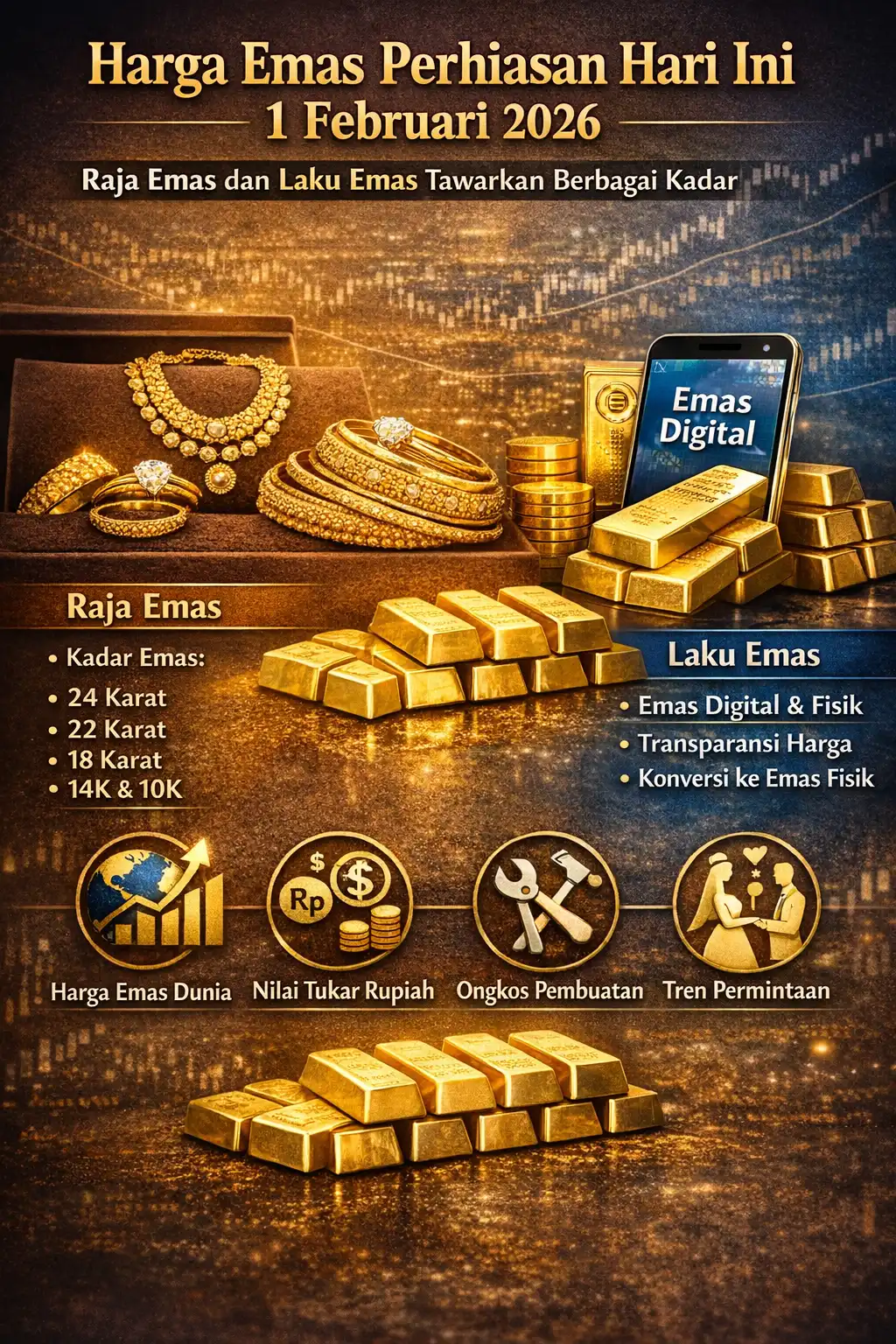 Read more about the article Harga Emas Perhiasan Hari Ini Pada 1 Februari 2026: Raja Emas dan Laku Emas Tawarkan Berbagai Kadar